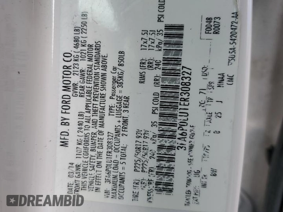 2014 Ford Fusion SE Hybrid with VIN 3FA6P0LU1ER308327, listed as a Copart auction lot 58127315 with 189,069 mi miles and Salvage title. Bid and sale history available at DreamBid. Image 12.