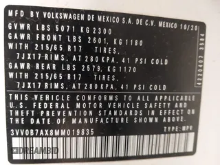 2021 Volkswagen Tiguan S with VIN 3VV0B7AX8MM019835, listed as a IAAI auction lot 41632843 with 35,357 mi miles and . Bid and sale history available at DreamBid. Image 9.