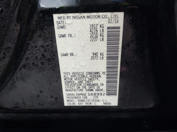 2016 Nissan Altima SR with VIN 1N4AL3AP6GC168992, listed as a IAAI auction lot 41340191 with 93,901 mi miles and . Bid and sale history available at carsss.com. Image 9.