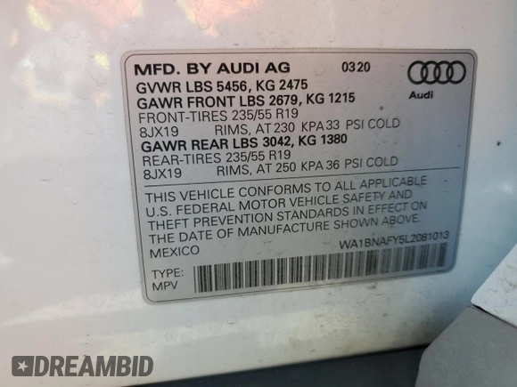 2020 Audi Q5 Premium Plus with VIN WA1BNAFY5L2081013, listed as a Copart auction lot 54674205 with 35,253 mi miles and Salvage title. Bid and sale history available at DreamBid. Image 12.
