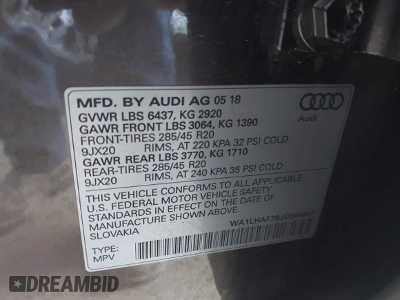 2018 Audi Q7 Premium Plus z VIN WA1LHAF79JD044647, wystawiony jako IAAI lot #41666009 z przebiegiem 60 087 mil mil oraz . Historia ofert i sprzedaży dostępna na DreamBid. Obrazek 9.