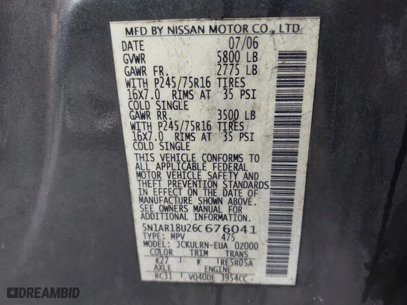 2006 Nissan Pathfinder SE with VIN 5N1AR18U26C676041, listed as a IAAI auction lot 41872718 with 254,585 mi miles. Bid and sale history available at carsss.com. Image 9.
