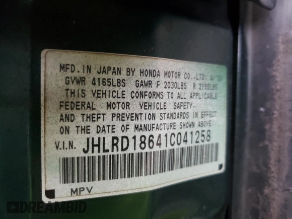 2001 Honda CR-V EX with VIN JHLRD18641C041258, listed as a Copart auction lot 55672275 with 120,374 mi miles and Non Repairable. Bid and sale history available at carsss.com. Image 10.