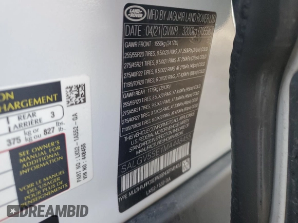2021 Land Rover Range Rover Autobiography with VIN SALGV5SE1MA448455, listed as a Copart auction lot 59468815 with 93,542 mi miles and Salvage title. Bid and sale history available at DreamBid. Image 12.