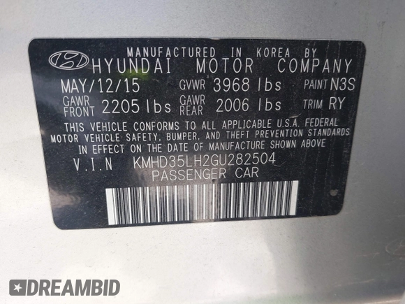 2016 Hyundai Elantra with VIN KMHD35LH2GU282504, listed as a IAAI auction lot 42075592 with 99,547 mi miles and . Bid and sale history available at DreamBid. Image 9.