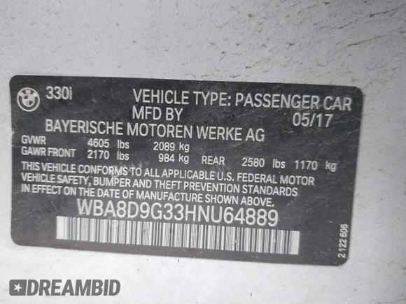 2017 BMW 3 Series 330i xDrive with VIN WBA8D9G33HNU64889, listed as a IAAI auction lot 41626253 with 66,520 mi miles. Bid and sale history available at carsss.com. Image 9.