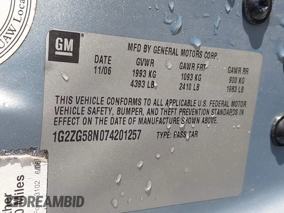 2007 Pontiac G6 with VIN 1G2ZG58N074201257, listed as a IAAI auction lot 40638323 with 227,144 mi miles. Bid and sale history available at carsss.com. Image 9.