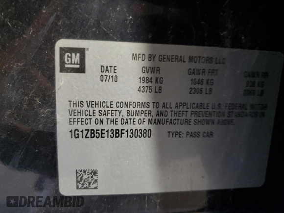 2011 Chevrolet Malibu 1LS with VIN 1G1ZB5E13BF130380, listed as a Copart auction lot 59823574 with 125,478 mi miles and Clean Title. Bid and sale history available at DreamBid. Image 12.