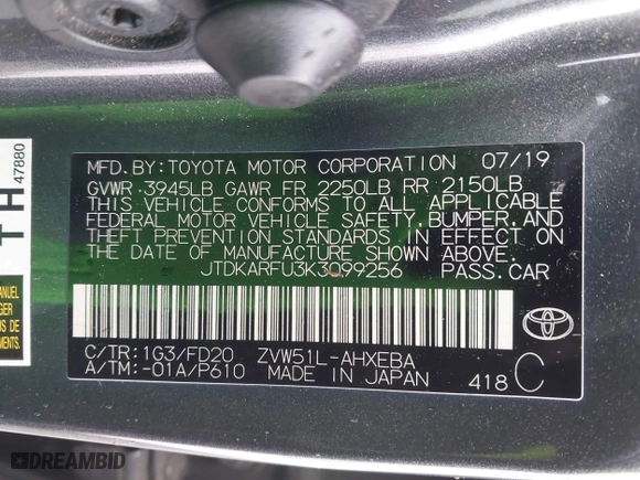 2019 Toyota Prius L Eco with VIN JTDKARFU3K3099256, listed as a IAAI auction lot 41813619 with 169,900 mi miles. Bid and sale history available at carsss.com. Image 9.
