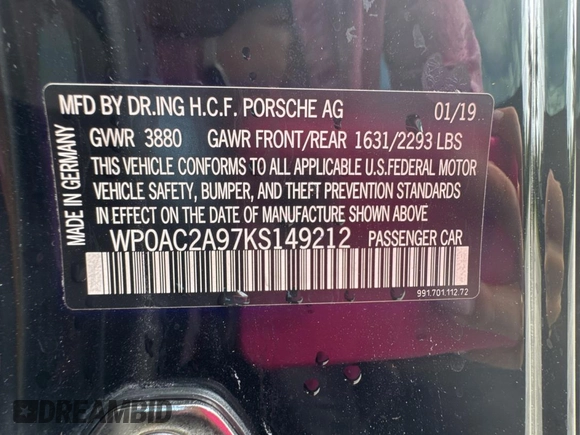 2019 Porsche 911 GT3 with VIN WP0AC2A97KS149212, listed as a Copart auction lot 46610435 with 2,806 mi miles and Salvage Title. Bid and sale history available at carsss.com. Image 10.