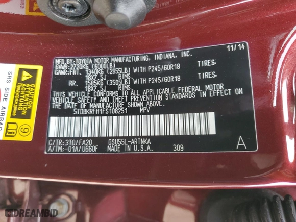 2015 Toyota Highlander LE with VIN 5TDBKRFH1FS108251, listed as a Copart auction lot 51426365 with 97,381 mi miles and Salvage Title. Bid and sale history available at carsss.com. Image 15.