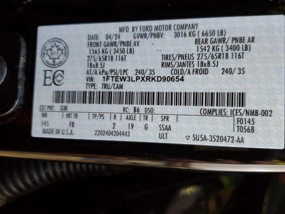 2024 Ford F-150 XLT with VIN 1FTEW3LPXRKD90654, listed as a Copart auction lot 48787155 with 25,677 mi miles and Salvage Title. Bid and sale history available at carsss.com. Image 12.