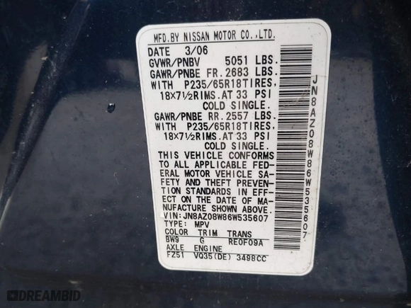2006 Nissan Murano SL with VIN JN8AZ08W86W535607, listed as a IAAI auction lot 41754643 with 172,691 mi miles. Bid and sale history available at carsss.com. Image 9.