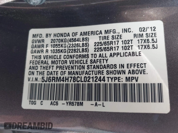 2012 Honda CR-V EX-L with VIN 5J6RM4H78CL021244, listed as a IAAI auction lot 42404088 with 133,889 mi miles and . Bid and sale history available at DreamBid. Image 9.