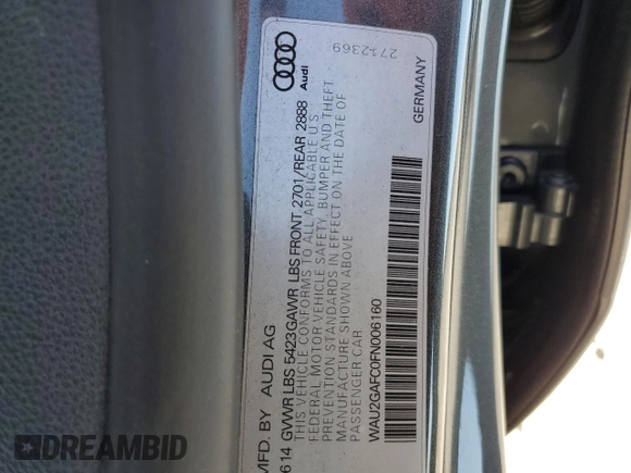 2015 Audi A7 3.0 Prestige with VIN WAU2GAFC0FN006160, listed as a Copart auction lot 72599223 with 88,753 mi miles and Salvage Title. Bid and sale history available at carsss.com. Image 13.