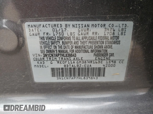2017 Nissan Versa SV with VIN 3N1CN7AP7HL839843, listed as a Copart auction lot 58480605 with 101,910 mi miles and Salvage title. Bid and sale history available at DreamBid. Image 12.