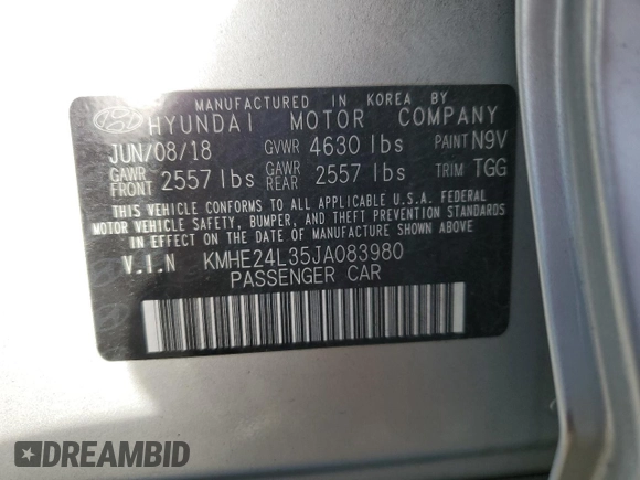 2018 Hyundai Sonata SE with VIN KMHE24L35JA083980, listed as a Copart auction lot 81924123 with 35,588 mi miles and . Bid and sale history available at DreamBid. Image 14.