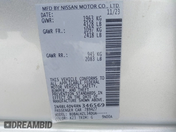 2024 Nissan Altima SV with VIN 1N4BL4DV4RN346569, listed as a IAAI auction lot 42827680 with 22,155 mi miles and . Bid and sale history available at DreamBid. Image 9.