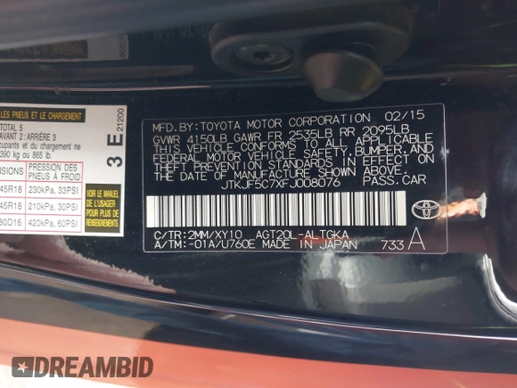 2015 Scion tC with VIN JTKJF5C7XFJ008076, listed as a IAAI auction lot 40856462 with 155,117 mi miles. Bid and sale history available at carsss.com. Image 9.