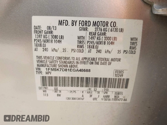 2014 Ford Explorer XLT with VIN 1FM5K7D81EGA48688, listed as a IAAI auction lot 42360152 with 208,939 mi miles and . Bid and sale history available at DreamBid. Image 9.
