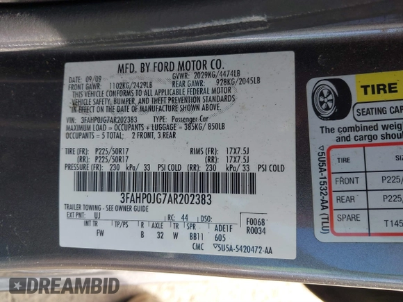 2010 Ford Fusion SEL with VIN 3FAHP0JG7AR202383, listed as a IAAI auction lot 41858848 with 93,842 mi miles and . Bid and sale history available at DreamBid. Image 9.