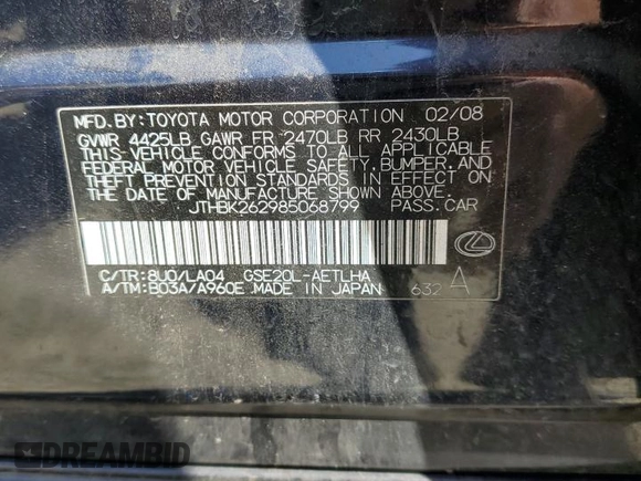 2008 Lexus IS 250 with VIN JTHBK262985068799, listed as a Copart auction lot 54976905 with 296,653 mi miles and Salvage Title. Bid and sale history available at DreamBid. Image 12.