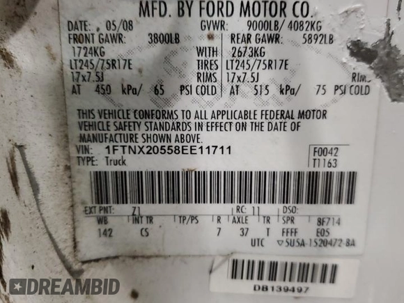 2008 Ford Super Duty F-250 SRW XL with VIN 1FTNX20558EE11711, listed as a Copart auction lot 88462905 with Not Provided miles and Salvage Title. Bid and sale history available at carsss.com. Image 12.