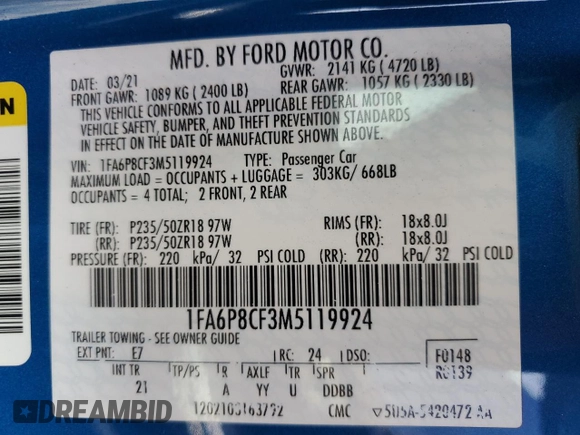 2021 Ford Mustang GT with VIN 1FA6P8CF3M5119924, listed as a Copart auction lot 65945895 with 29,410 mi miles and Clean title. Bid and sale history available at DreamBid. Image 12.