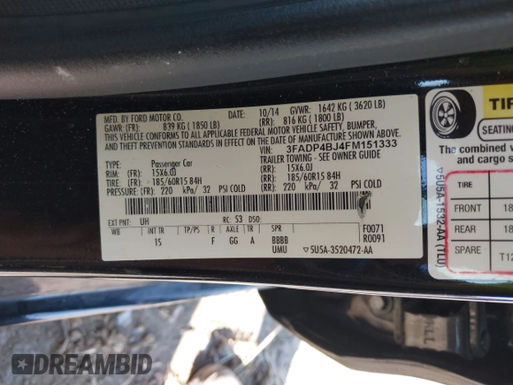 2015 Ford Fiesta SE with VIN 3FADP4BJ4FM151333, listed as a IAAI auction lot 37849820 with 120,962 mi miles. Bid and sale history available at carsss.com. Image 9.
