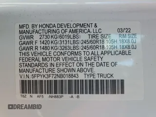 2022 Honda Ridgeline RTL-E with VIN 5FPYK3F72NB018843, listed as a Copart auction lot 50070165 with 53,043 mi miles and Salvage Title. Bid and sale history available at DreamBid. Image 12.