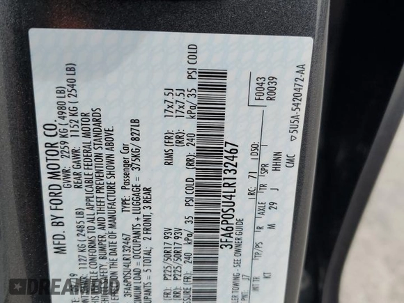 2020 Ford Fusion Titanium with VIN 3FA6P0SU4LR132467, listed as a Copart auction lot 58848425 with 39,823 mi miles and Salvage title. Bid and sale history available at DreamBid. Image 12.