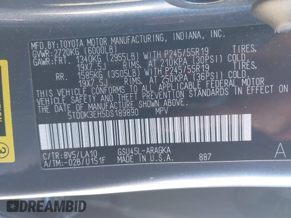 2013 Toyota Highlander Limited with VIN 5TDDK3EH5DS189890, listed as a IAAI auction lot 41101446 with 136,648 mi miles and . Bid and sale history available at DreamBid. Image 9.