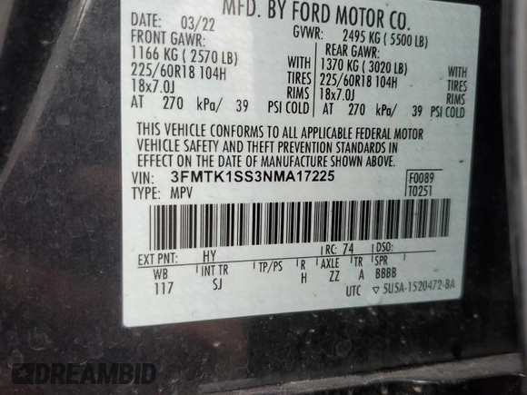 2022 Ford Mustang Mach-E Select z VIN 3FMTK1SS3NMA17225, wystawiony jako Copart lot #87489424 z przebiegiem 58 695 mil mil oraz Szkoda całkowita • Salvage title. Historia ofert i sprzedaży dostępna na DreamBid. Obrazek 13.
