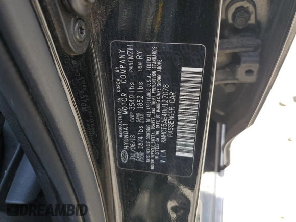2013 Hyundai Accent GS with VIN KMHCT5AE4DU127078, listed as a Copart auction lot 57603815 with 181,416 mi miles and Salvage title. Bid and sale history available at DreamBid. Image 12.