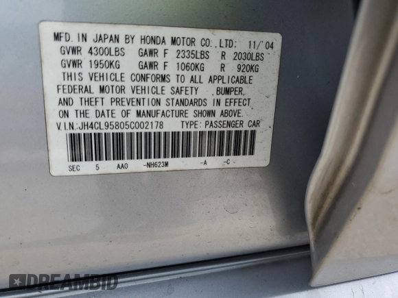 2005 Acura TSX with VIN JH4CL95805C002178, listed as a Copart auction lot 65205975 with 221,502 mi miles and Salvage title. Bid and sale history available at DreamBid. Image 12.