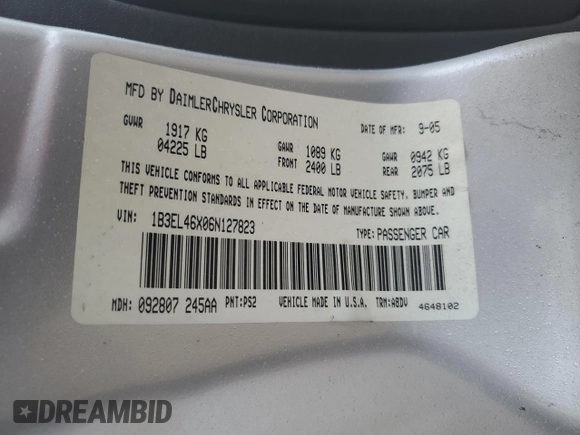 2006 Dodge Stratus SXT z VIN 1B3EL46X06N127823, wystawiony jako Copart lot #86855884 z przebiegiem 120 660 mil mil oraz Szkoda całkowita • Salvage title. Historia ofert i sprzedaży dostępna na DreamBid. Obrazek 12.