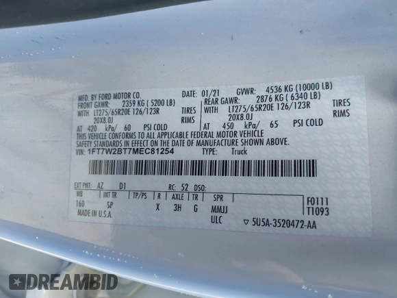 2021 Ford F-250 XL with VIN 1FT7W2BT7MEC81254, listed as a IAAI auction lot 40962703 with 122,265 mi miles and . Bid and sale history available at DreamBid. Image 9.