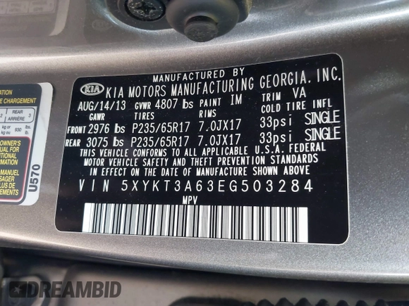 2014 Kia Sorento LX with VIN 5XYKT3A63EG503284, listed as a IAAI auction lot 41814383 with 166,219 mi miles and . Bid and sale history available at DreamBid. Image 9.