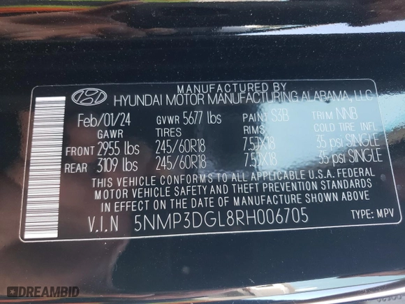 2024 Hyundai Santa Fe XRT with VIN 5NMP3DGL8RH006705, listed as a Copart auction lot 64857544 with 8,535 mi miles and Salvage Title. Bid and sale history available at carsss.com. Image 13.
