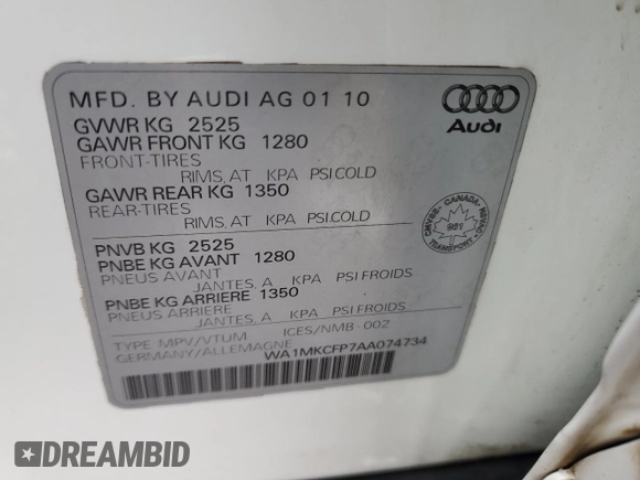 2010 Audi Q5 with VIN WA1MKCFP7AA074734, listed as a Copart auction lot 48619855 with 163,044 mi miles and Salvage title. Bid and sale history available at DreamBid. Image 13.