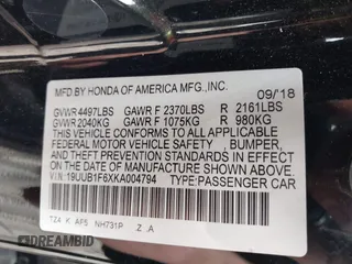 2019 Acura TLX w/A-Spec Pkg with VIN 19UUB1F6XKA004794, listed as a IAAI auction lot 41761436 with 91,087 mi miles. Bid and sale history available at carsss.com. Image 9.
