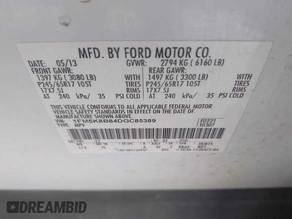 2013 Ford Explorer с VIN 1FM5K8B84DGC85389, выставлен на аукционе IAAI как лот 42400527 с пробегом 291 019 миль миль и . История ставок и продаж доступна на DreamBid. Изображение 9.