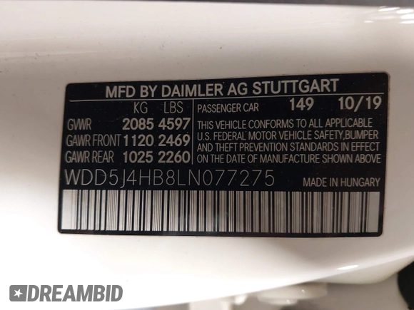 2020 Mercedes-Benz CLA 250 with VIN WDD5J4HB8LN077275, listed as a IAAI auction lot 42298602 with 45,918 mi miles and . Bid and sale history available at DreamBid. Image 9.