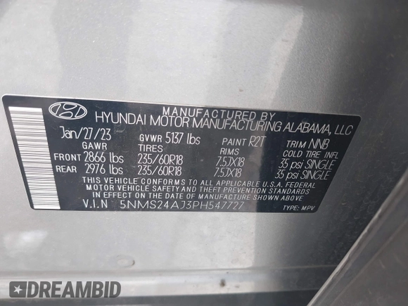 2023 Hyundai Santa Fe SEL with VIN 5NMS24AJ3PH547727, listed as a IAAI auction lot 42120303 with 51,669 mi miles. Bid and sale history available at carsss.com. Image 9.