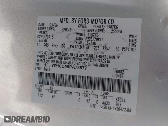 2006 Ford Ranger XL with VIN 1FTYR10D56PA78677, listed as a IAAI auction lot 41831783 with 88,272 mi miles and . Bid and sale history available at DreamBid. Image 9.
