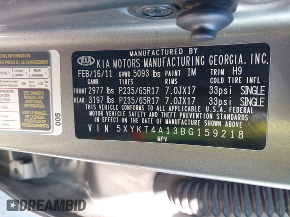2011 Kia Sorento LX with VIN 5XYKT4A13BG159218, listed as a IAAI auction lot 42049629 with 155,675 mi miles. Bid and sale history available at carsss.com. Image 9.