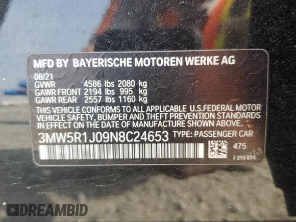 2022 BMW 3 Series 330i z VIN 3MW5R1J09N8C24653, wystawiony jako Copart lot #53022275 z przebiegiem Nie podano mil oraz Szkoda całkowita • Salvage title. Historia ofert i sprzedaży dostępna na DreamBid. Obrazek 12.