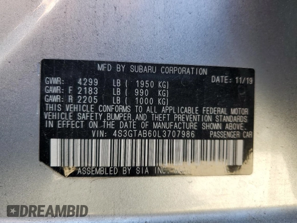 2020 Subaru Impreza with VIN 4S3GTAB60L3707986, listed as a Copart auction lot 50542795 with 100,002 mi miles and Clean title. Bid and sale history available at DreamBid. Image 12.