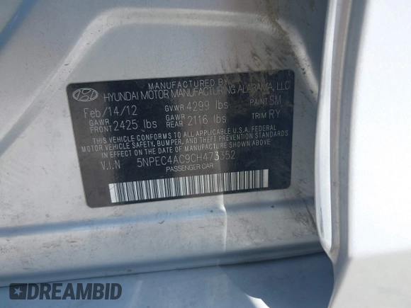 2012 Hyundai Sonata Limited with VIN 5NPEC4AC9CH473352, listed as a IAAI auction lot 42164597 with 146,201 mi miles and . Bid and sale history available at DreamBid. Image 9.