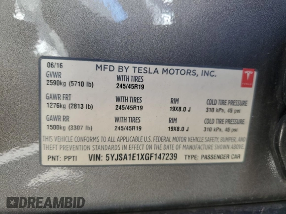 2016 Tesla Model S 70 with VIN 5YJSA1E1XGF147239, listed as a Copart auction lot 56529075 with 82,562 mi miles and Salvage title. Bid and sale history available at DreamBid. Image 12.